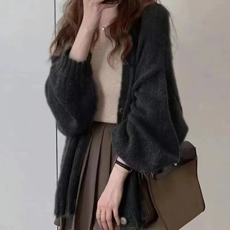 Cyflymder Korean Large Lazy Style Coffee Color Sweater Knitted Loose Cardigan Women's Autumn/Winter Outerwear Thin Coat