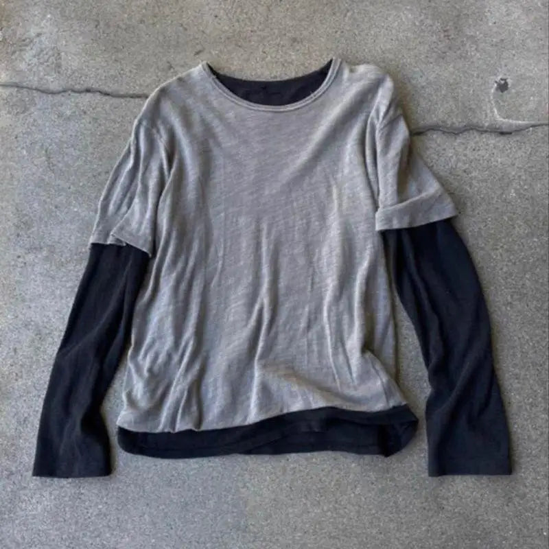 Cyflymder  Nicje Gothic Constrast Color Fake Two Piece Y2k Autumn High Street Lazy Patchwork Long Sleeve Loose Women T Shirt Casual Tops