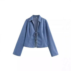 Cyflymder  New Style Women's Denim Shirt European and American Trend ZRA Stock Bow Embellishment Cotton Shirt Wholesale for Export