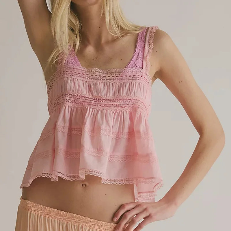 Cyflymder  Women Y2K Semi Sheer Cami Top Sleeveless Lace Patchwork Ruffled Peplum Tank Top Summer Backless Babydoll Camisole