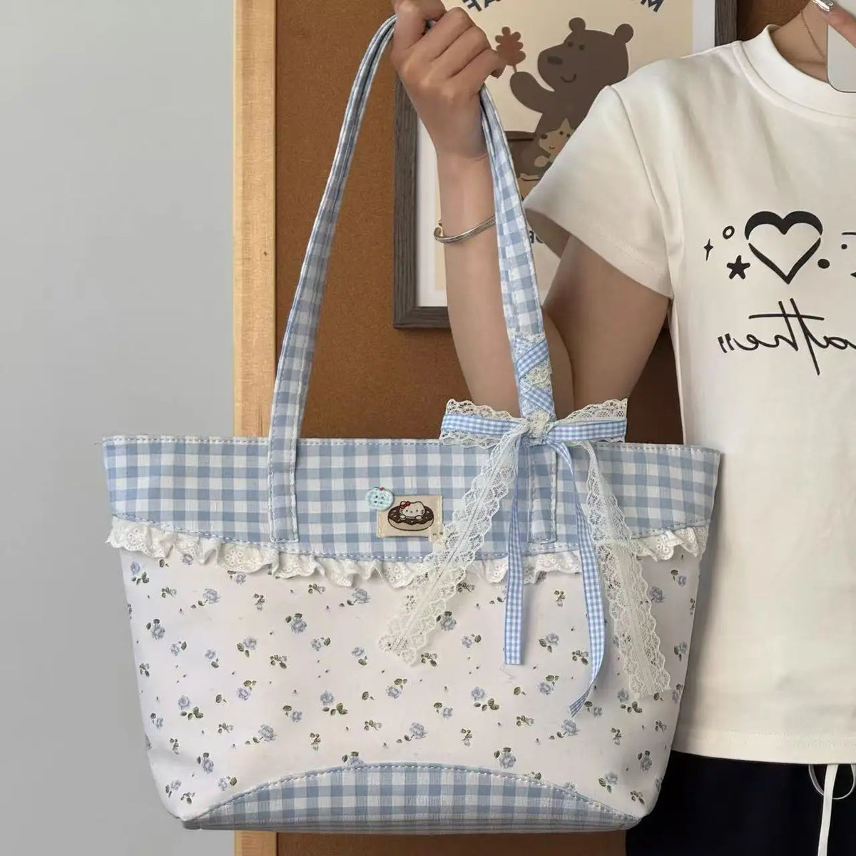 Cyflymder  Sweet Cute Pink Plaid Tote Bag Women Harajuku Romantic Lace Detail Shoulder Bags Female Large Capacity Casual  Handbag