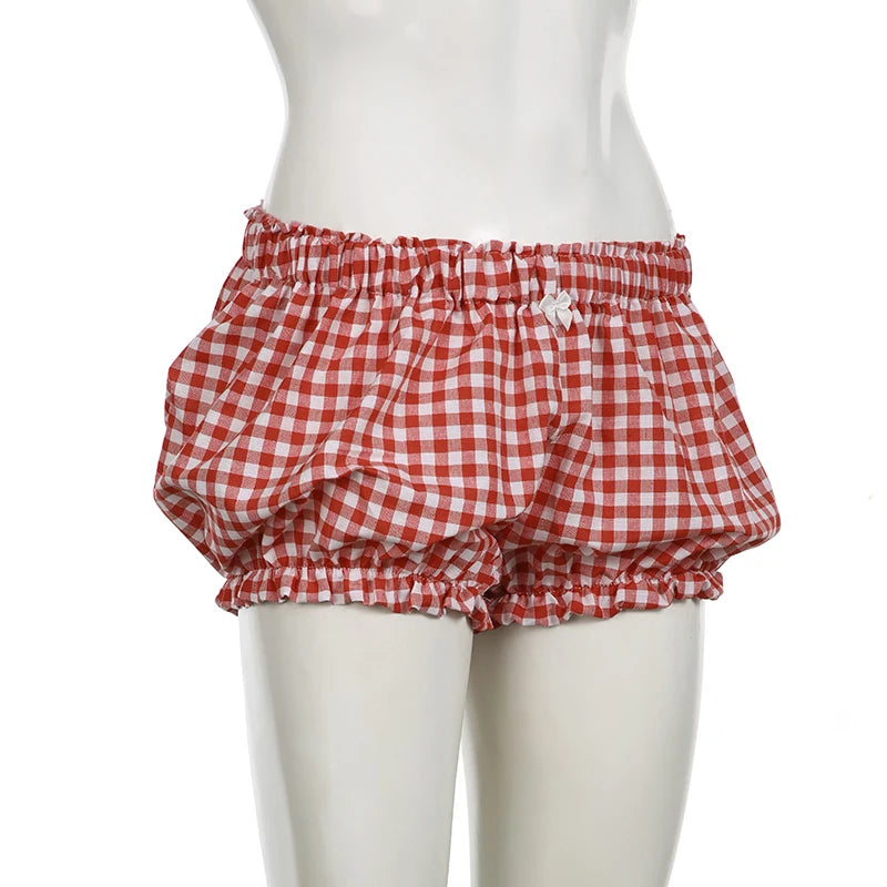 Cyflymder  Holiday Sweet Bow Plaid Shorts Preppy Style Casual Loose Low-Waisted Shorts Women 2025 Summer Fashion Streetwear Ladies