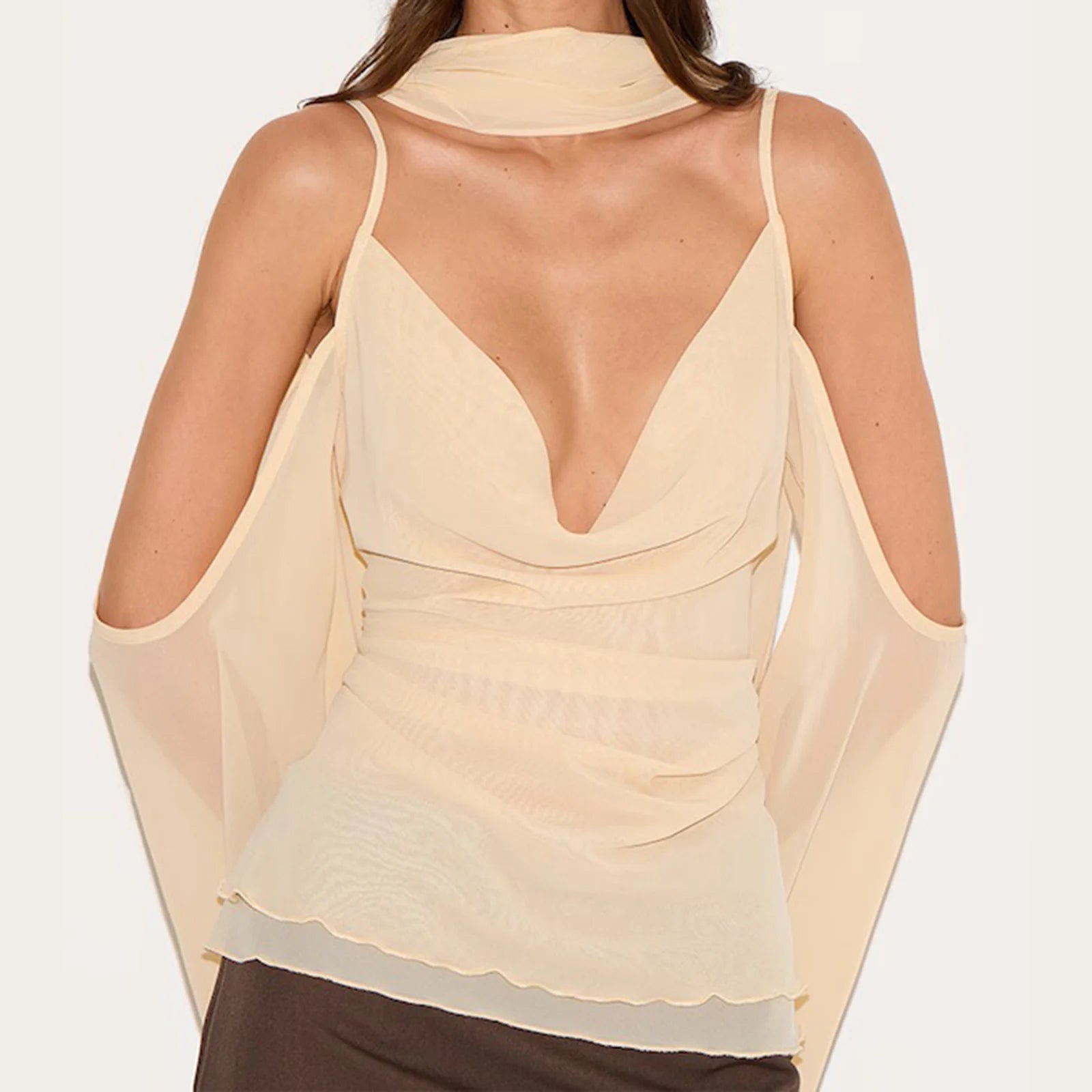 Cyflymder  Elegant Off Shoulder Blouse with Scarf and Zipper Detailing Stylish Cowl Neck Long Sleeve Shirt for Chic Night Outfits