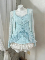 Cyflymder  Japanese Lolita Sweet 3 Piece Set Women 2000s Retro Mini Skirt Vintage Lace Sleeveless Vest Casual Short Cardigan Fashion Suit