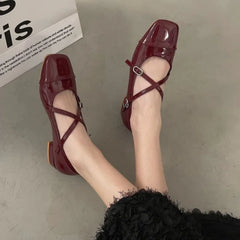 Cyflymder Fashion Medium Heeled Mary Jane Single Shoes for Women Retro Thick Heel Ballet Shoes Cross Buckle Shallow SoftSole Shoe