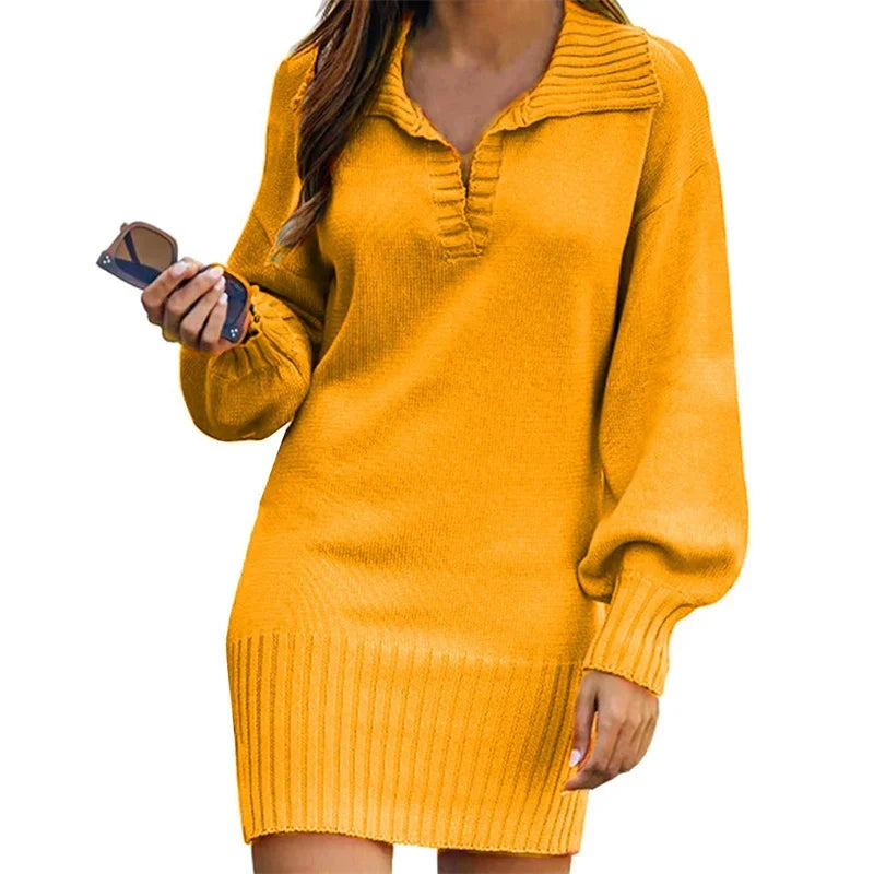 Cyflymder  Women Lapel Lantern Sleeve Knitted Dresses Autumn Winter Solid Color Dress Elegant Daily Casual Gown Female Office Commuter Wear