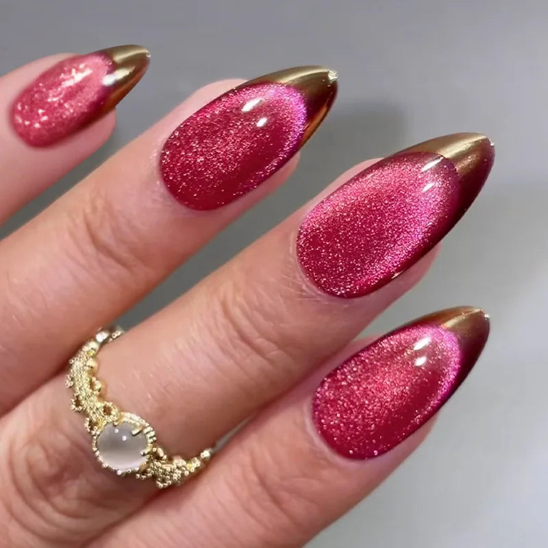 Cyflymder  24Pcs Red Cat's Eye Nails Set Press on Golden French Design False Nails Mid-length Almond Detachable Full Cover Fake Nails Tips