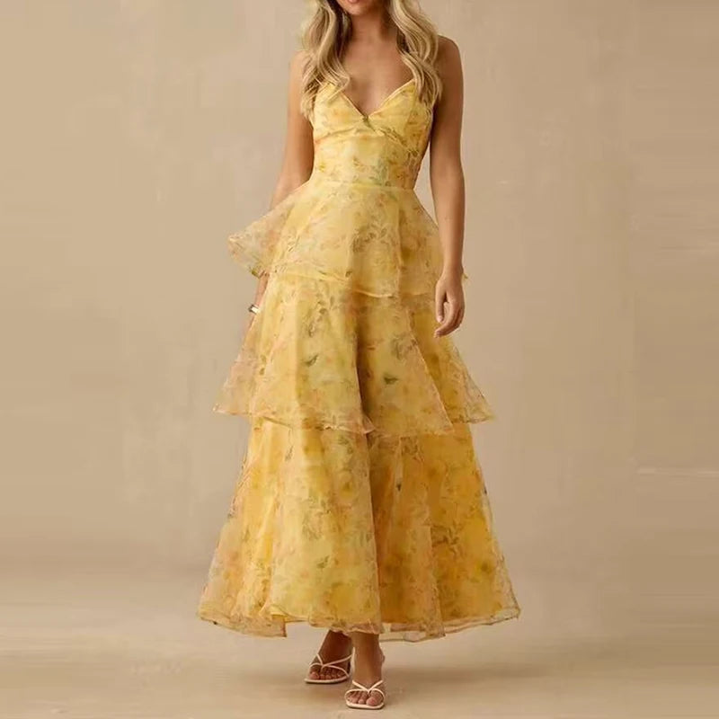 Cyflymder   New Floral Mesh Layered Cake Party Dress Sexy Ladies V Neck Camisole Vacation Dress Sweet Casual Summer Beach Woman Long Dress