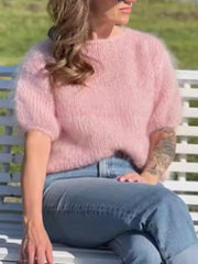 Cyflymder  Women's Casual Puffed Sleeve Solid Color Knitted Tops Fashion Hight Street Loose Jumpers Elegant O-neck Fluffy Pullover Sweater