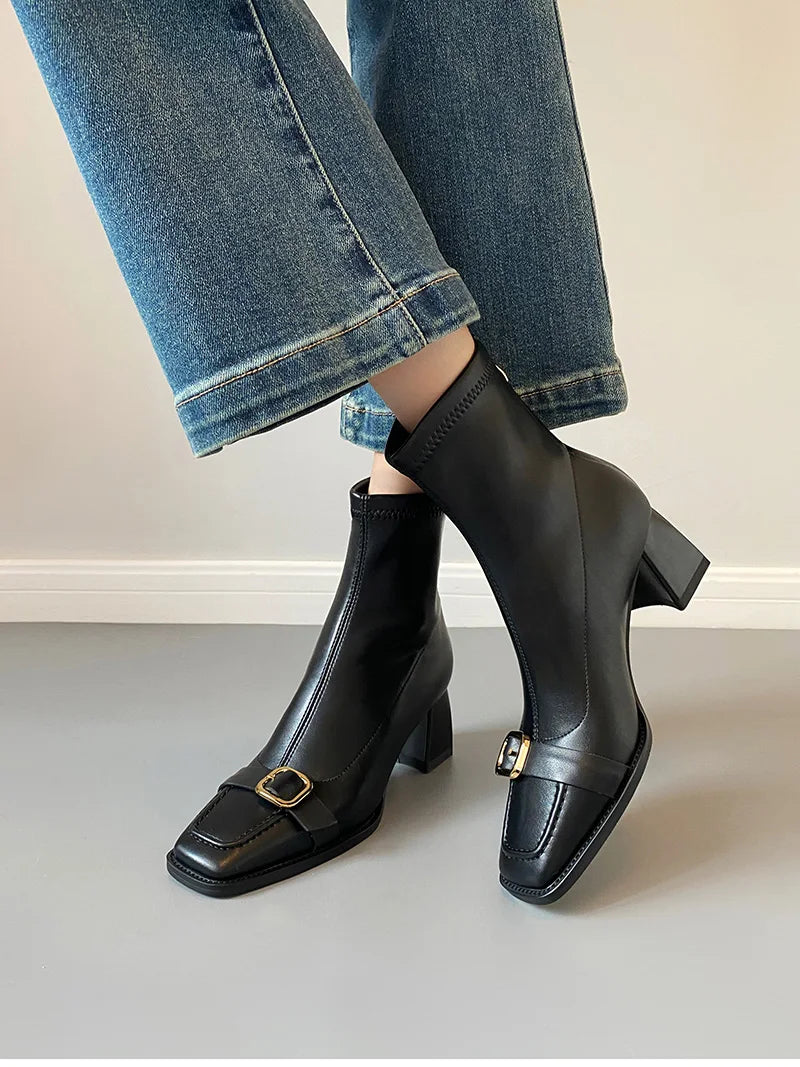Cyflymder  Vintage Thick Heel Woman Ankle Boot Fashion Belt Buckle Ladies Elastic Slim Short Booties Autumn Winter Women's Shoes