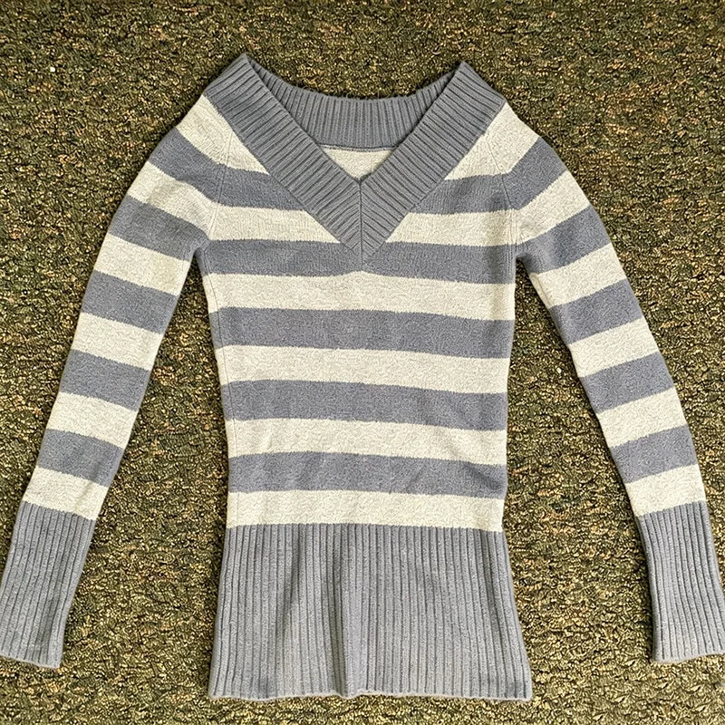 Cyflymder  Grey And White Fashionable Striped V-Neck Spicy Girl Waist Cinched Knitted Street Long Sleeved Top Sweet Girl Gothic Punk Retro