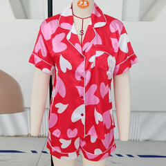 Cyflymder  Womens Heart Pajama Set Y2k Cute Bow Button-down Shirt + Pjs Shorts 2 Pcs Valentines Day Sleepwear Lounge Matching Set