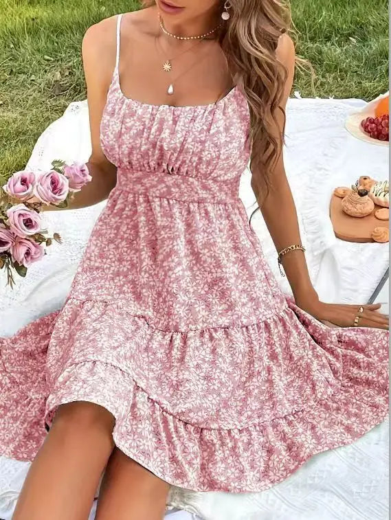 Cyflymder  French Floral Dress for Women's Summer Elegant Ruffle Hem A-line Strap Dress Fashion Female Clothes