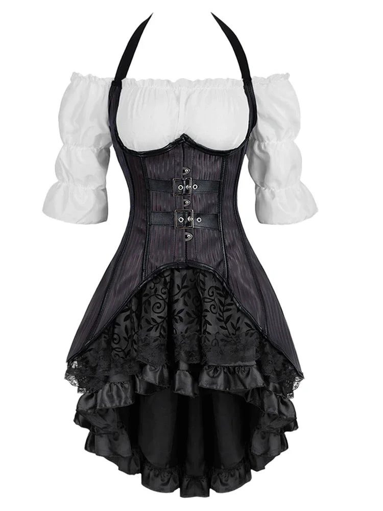 Cyflymder  Steampunk Corset Skirt Blouse Halter Striped Underbust Bustiers Gothic Bustier Corsette Halloween Party Outfits Carnival Costume