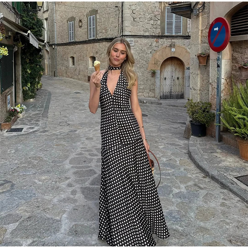 Cyflymder  Polka Dot Halter Backless Long Dress Women Off Shoulder V-neck Scarf Sexy Sleeveless Dresses 2025 Summer Street Holiday Robe