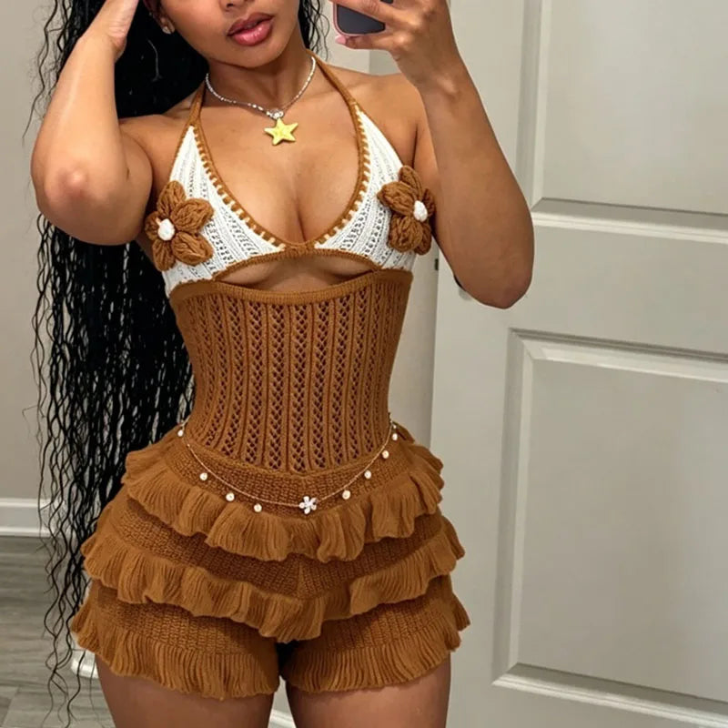 Cyflymder  Doyerl Crochet Knitted Romper Woman Jumpsuit Shorts Beach Style Holiday Halter V-neck Floral Hollow Out Ruffles Summer Playsuit