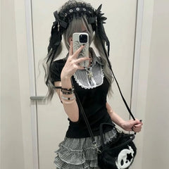 Cyflymder  Gothic Y2k Lolita Style T-Shirts Women Japanese Vintage Lace Black White Plaid Patchwork Tees Summer Sweet Cute Short Sleeve Top