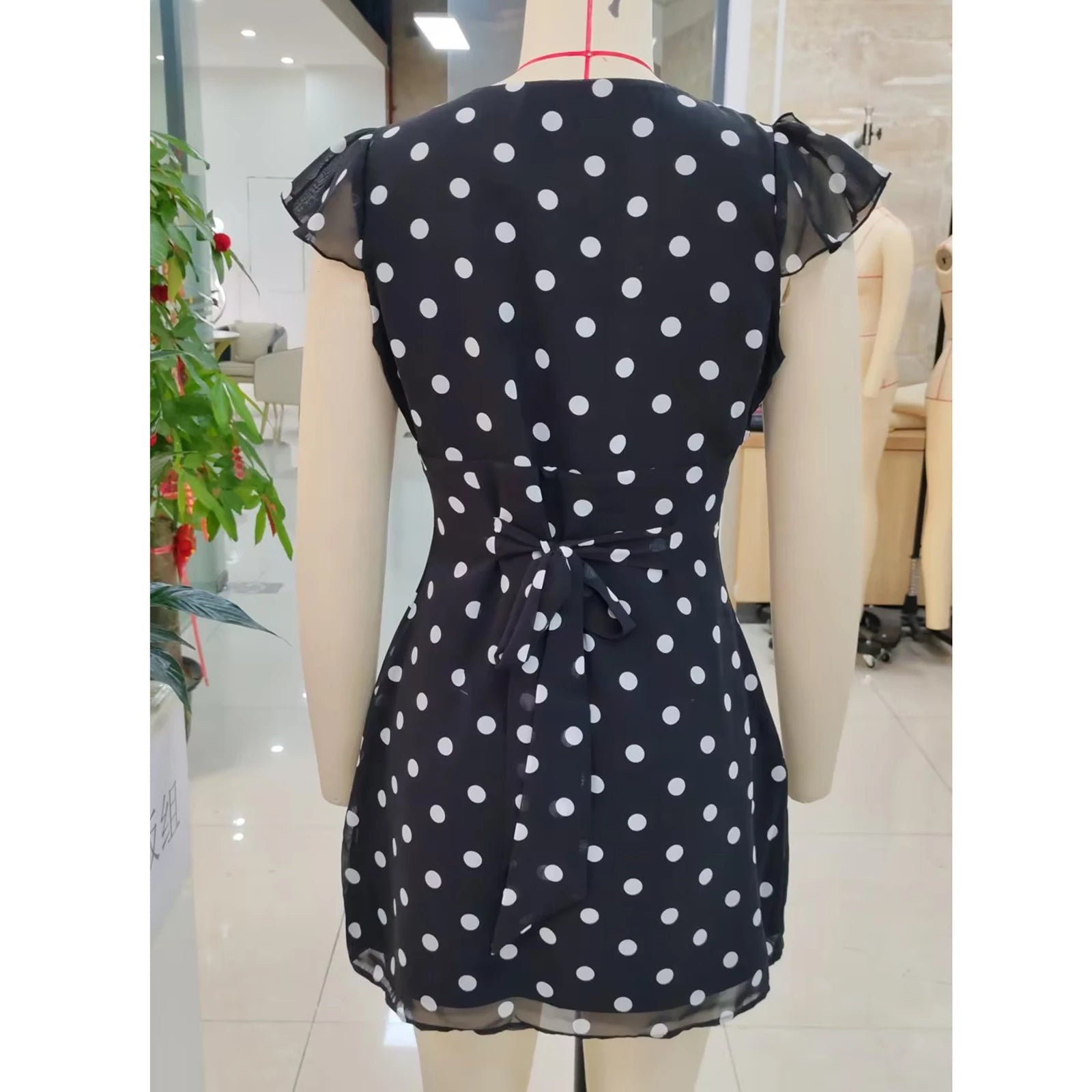 Cyflymder  Luxury Women Casual Dot Print Short Dress Lace Slim V Neck Flying Sleeve A-line Mini Dress for Daily Party Club