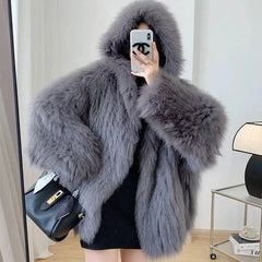 Cyflymder winter winery outfit Trendy Hooded Faux Fox Fur Coats super Warm Winter Furry Jacket Women Streetwear Plush Clothing Loose Casual Whiter Chaquetas