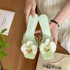 Cyflymder  Square Toe Temperament Flower Sandals and Slippers for Women in Summer Cross-strap Non-slip Skinny Heel Flip-flops