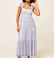 Cyflymder  Women's Tie Shoulder Strap Dress Fashion Print Sleeveless Backless Long Flowy Dress for Summer Holiday Beach Sundress