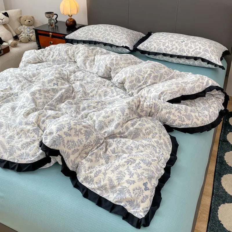 Cyflymder  INS French Style Floral Simple Black Lace Double Layer Gauze Bedding Set Washed Cotton Bed Sheet Fitted Sheet Fresh Quilt Cover