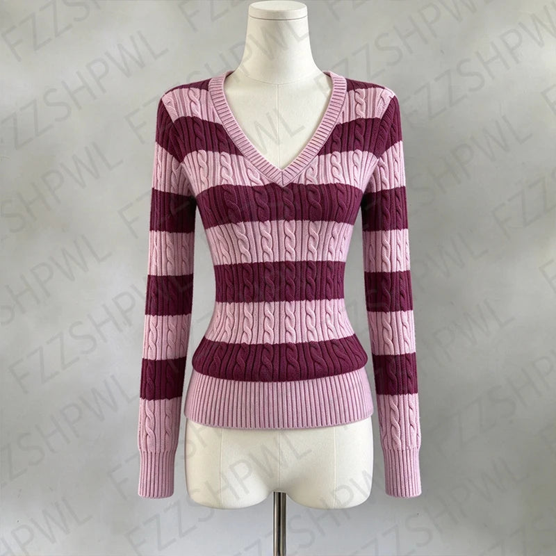 Cyflymder  Dainty Kawaii Women Clothing Y2K Fashion Casual Sweater Stripes Slim Knitwear Cute Sweet Pretty Pullover Long Sleeve V-neck Tops