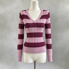 Cyflymder  Dainty Kawaii Women Clothing Y2K Fashion Casual Sweater Stripes Slim Knitwear Cute Sweet Pretty Pullover Long Sleeve V-neck Tops