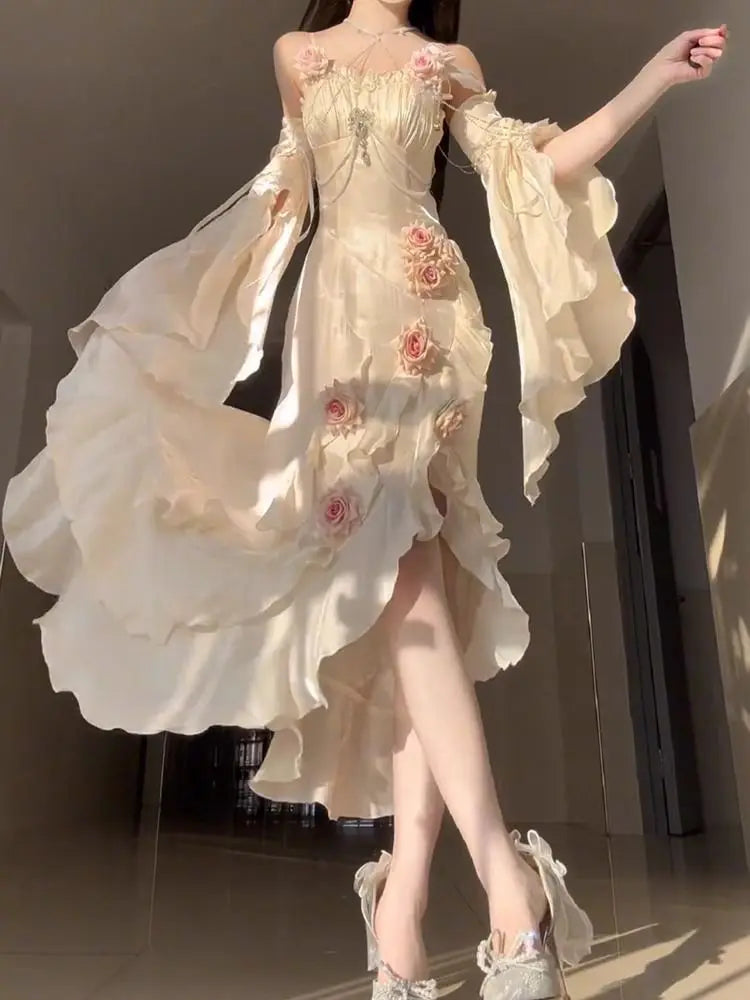 Cyflymder  High end 3D Rose Strap Camisole Dress Lolita Dress Elegant Goddess Style Sweet Slimming Fishtail Long Dresses for Women