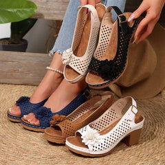 Cyflymder  Summer Fashionable Floral Thick High Heels Sandals for Women Strap Hollow Large Size Women's Shoes Platform Sliding Sandals