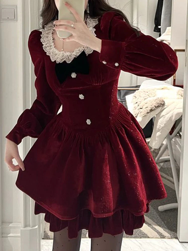 Cyflymder DRESS TO IMPRESS Autumn Red Lace Elegant Dress Women Patchwork Party Mini Dress Female Casual Korean Fashion One Piece Designer Dress New