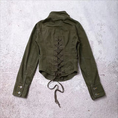 Cyflymder  Y2K New Gothic Punk Stand Collar Jacket Women Clothes Harajuku Sexy Slim Fit Back Drawstring Jacket Retro Army Green Short Coat