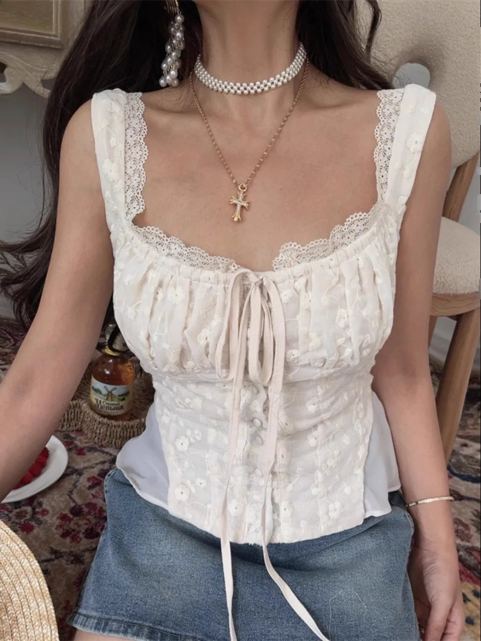 Cyflymder  Tie Bow ruffled Ruched Chest embroidery women tops new Summer Tank Tops single-breasted Girl Slim Crop Top camis
