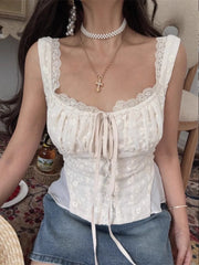 Cyflymder  Tie Bow ruffled Ruched Chest embroidery women tops new Summer Tank Tops single-breasted Girl Slim Crop Top camis