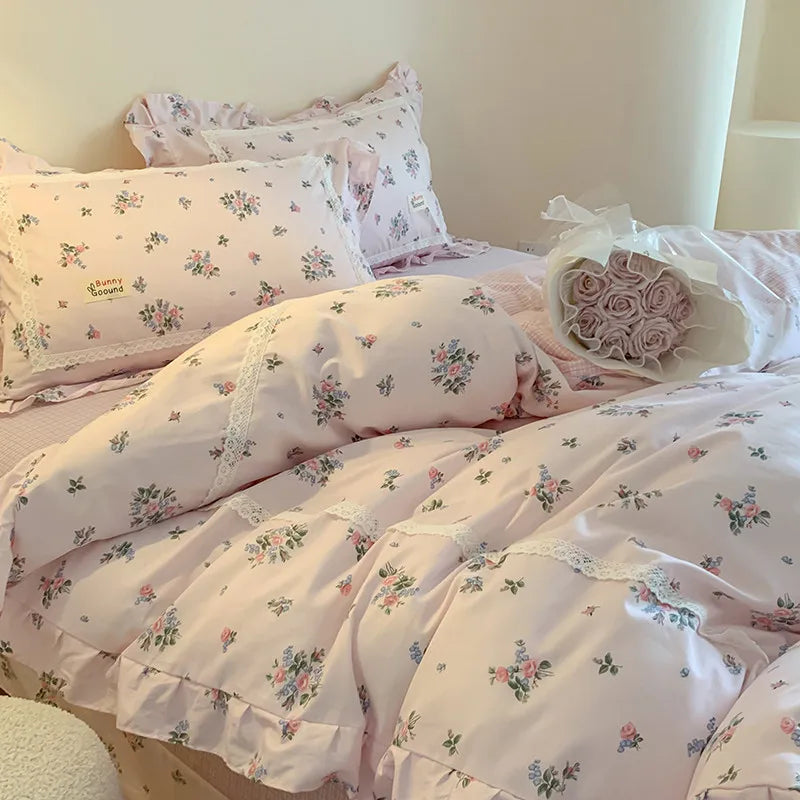 Cyflymder  100% Cotton Spring Garden Flowers Botanical Chic Ruffles Soft Comfortable Double Queen (1Duvet Cover+1Bed Sheet+2Pillowcases)