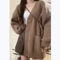 Cyflymder Autumn Winter Women Cardigan Sweater Coats Fashion Female Long Sleeve V-neck Loose Knitted Jackets Casual Sweater Cardigans