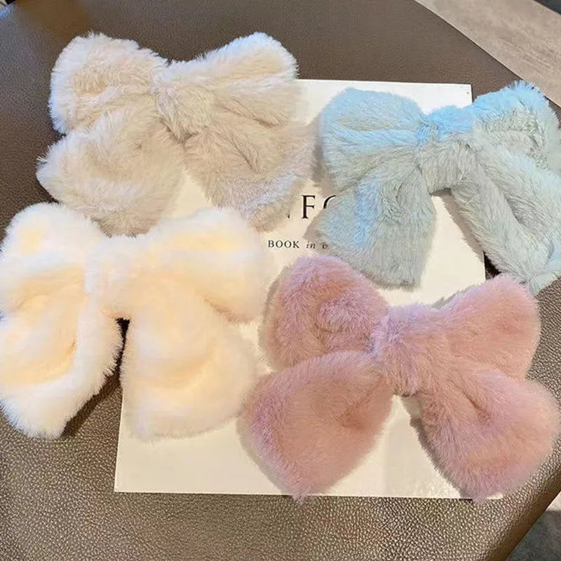 Cyflymder Winter Cute Plush Bowknot Hairpin Women Korean Simple Solid Color Bow Hair Clips Large Barrette for Girls Hair Accessories