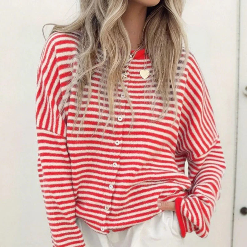 Cyflymder  Stripe Women's Cardigan O-neck Single Breasted Full Sleeve Casual Loose Female Knit Cardigan 2025 Autumn Cozy Fashion Lady Coat