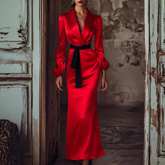 Cyflymder  Elegant Silk Satin Dress for Women's Party Club Lantern Sleeve Notched Collar Red Evening Wedding Guest Midi Dresses for Autumn