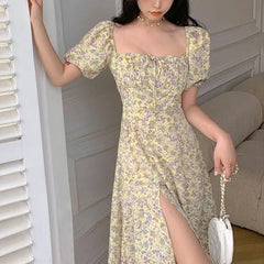 Cyflymder  Elegant Square Collar Long Dress Women's Clothing Fashionable Drawstring Summer French Style Broken Flowers A-Line Waist Dresses