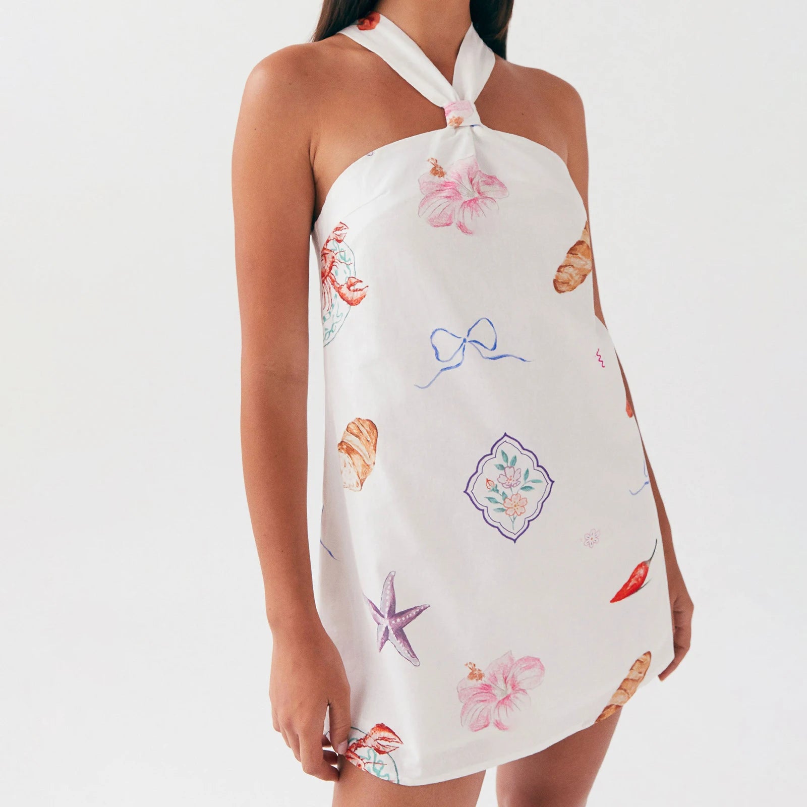 Cyflymder  Elegant Floral Print Halter Neck Backless Dress Women s Summer Sleeveless Casual Mini Dress Solid Color Fashion