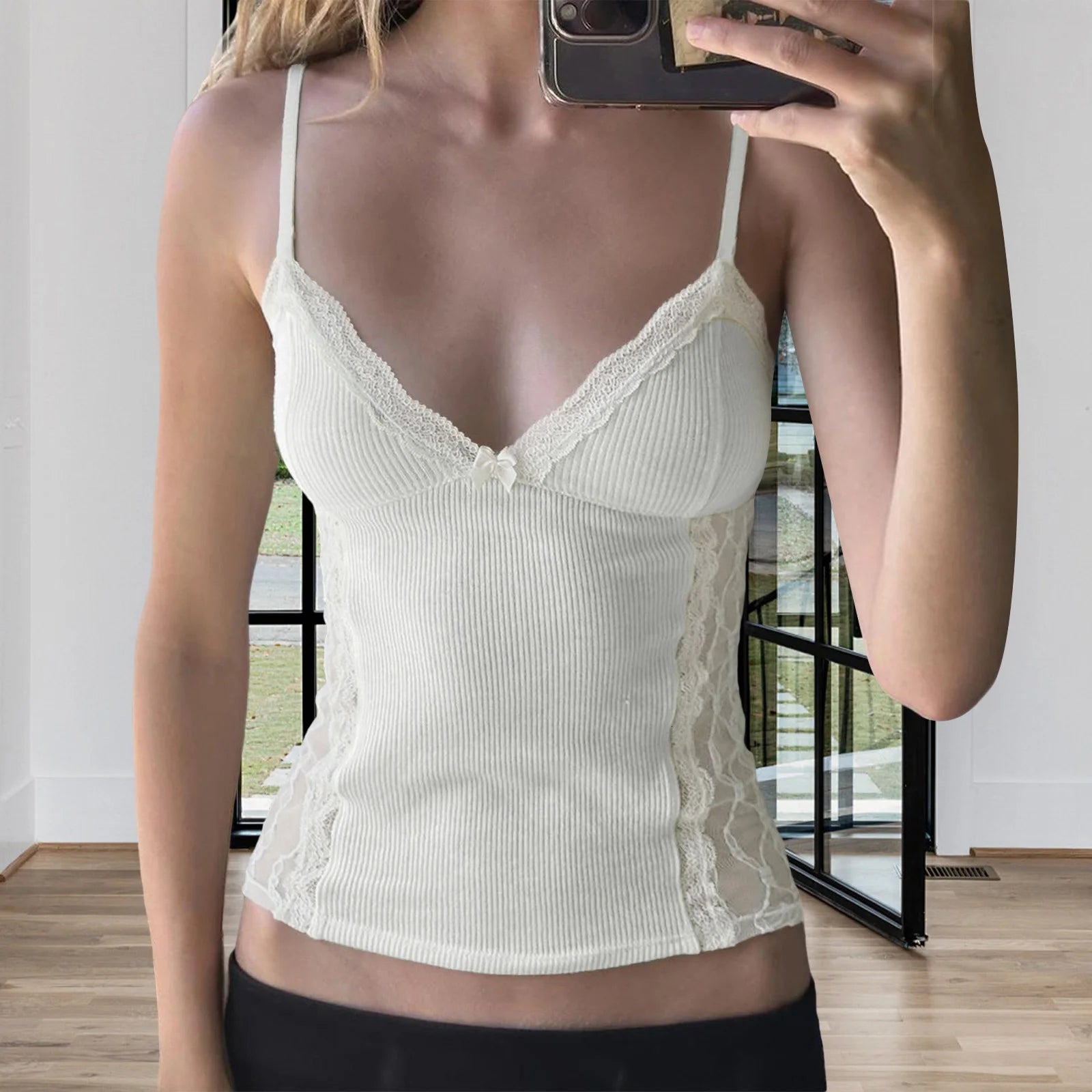 Cyflymder  Elegant Floral Embroidered Tank Tops Stylish Sleeveless V-Neck Blouse Chic Lace Trimmed Camisole Fashionable Summer Shirts with