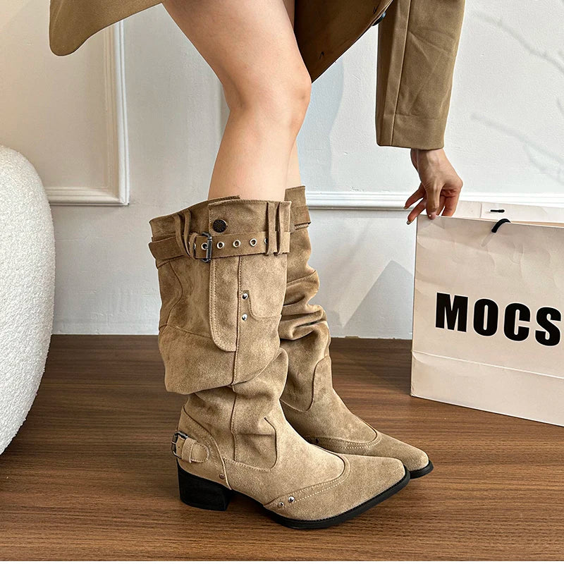 Cyflymder  Autumn Winter Pleated Women Western Cowboy Boots Vintage Square Low Heels Shoes Female Belt Buckle Long Booties