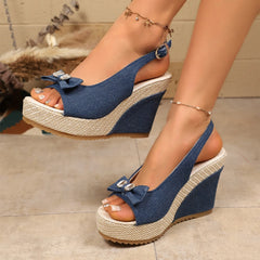 Cyflymder  Summer Women's Sandals Fashion Bowknot Rhinestone Decorate Wedge Fish Mouth High Heel Open Toe Platform Sandals