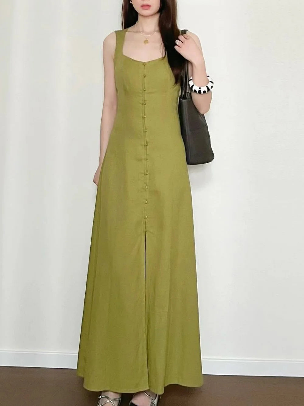 Cyflymder  Elegant retro linen maxi dress for women new summer fashion square neck single breasted slim fit chic party evening dress
