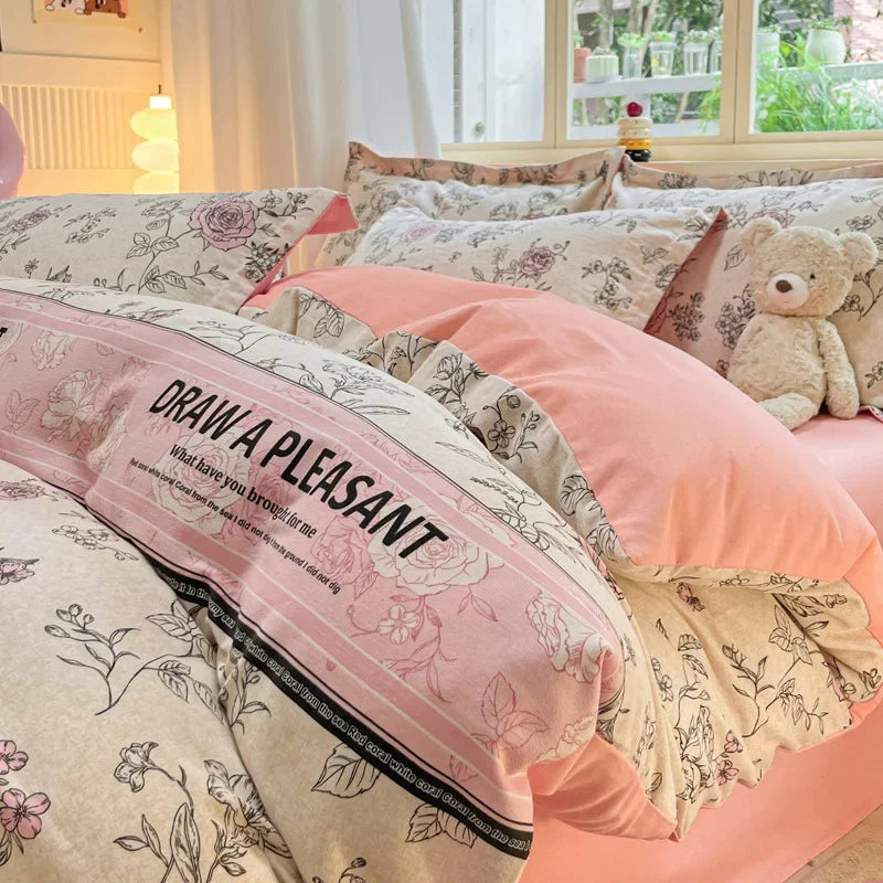 Cyflymder  Pastoral Plant Printed 100% Cotton Thick Bedding Set 160X210Cm Quilt Sets for Adults Warm Soft Duvet Cover for Autumn Winter