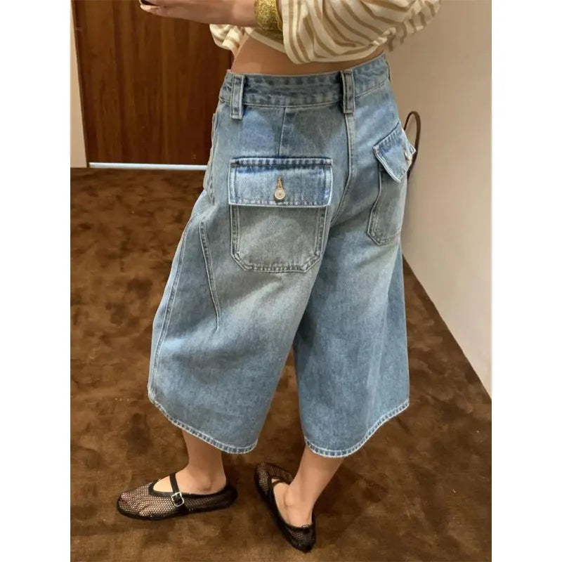 Cyflymder   American Retro Patchwork Cargo Cropped Shorts Women Breathable High Quality Loose Fit Button Closure With Pockets Light Color
