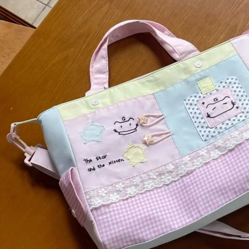 Cyflymder  All Match Kawaii Cat Embroidery Crossbody Bag Fashion Y2k Chic Canvas Bags Contrast Color Plaid Patchwork Lace Shoulder Handbags