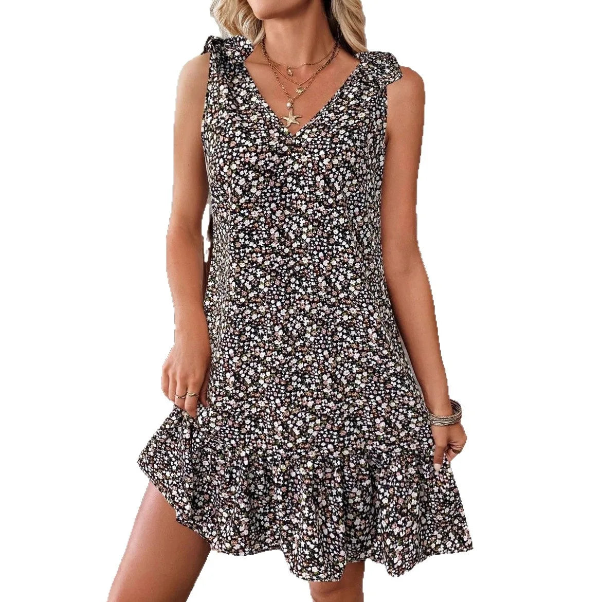 Cyflymder  Spring and Summer New Women's Clothing V-neck Bow Floral Vest Dress