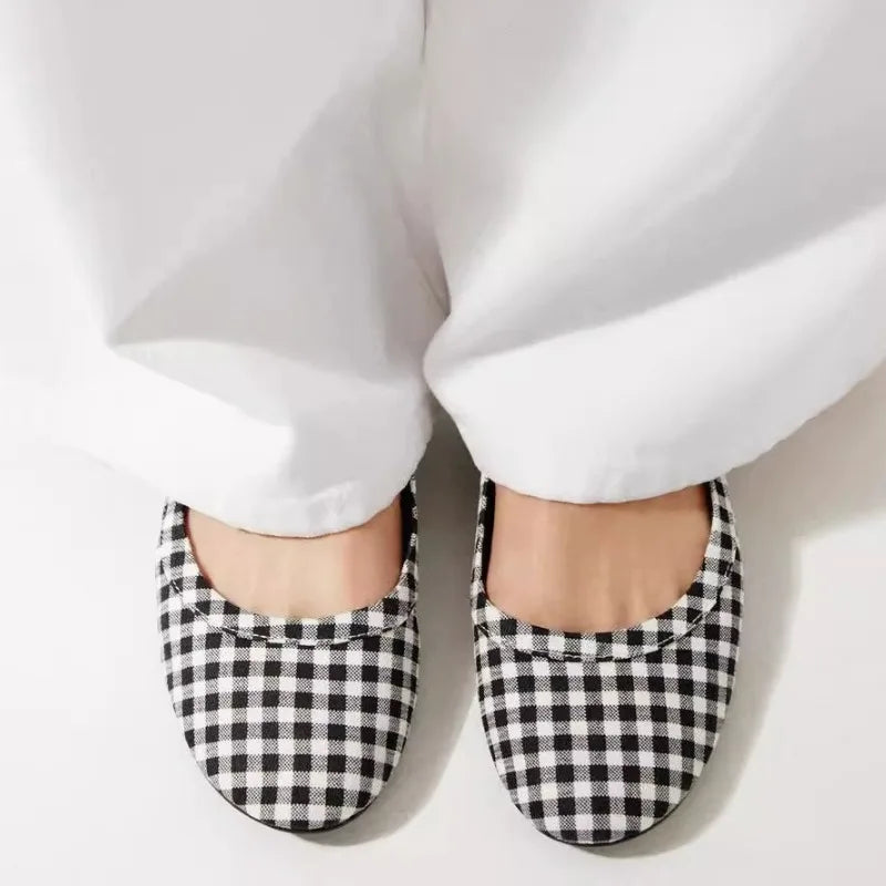 Cyflymder  Luxury Designer Plaid Print Ballet Flats for Women Comfort Round Toe Buckle Soft Sole Mary Jane Shoes Elegant Banquet Party Shoe
